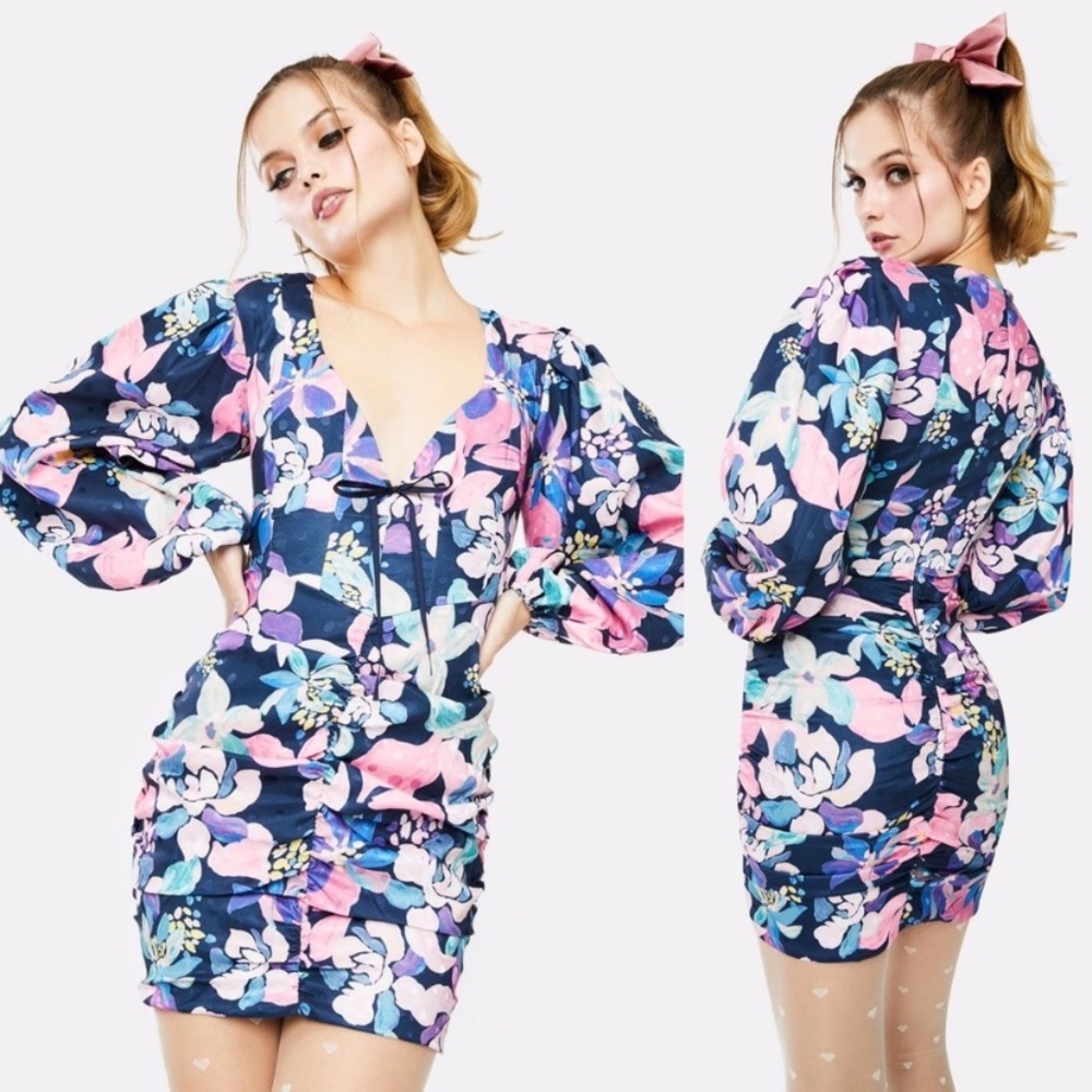 FOR LOVE AND LEMONS Wyatt Floral Ruched Mini Dress Size Medium